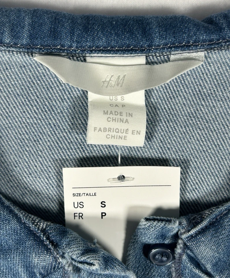 H&M Denim Ruffle Statement Round Collar Blouse Blue Long Sleeve Size S - Image 3 of 4