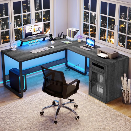 L Shaped Desk with Power Outlets & LED Lights Reversible Corner Computer Desk - Picture 9 of 12