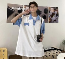 Men's Fashion Summer Lapel Short Sleeve Color Matching Loose T-shirt Youth Tee