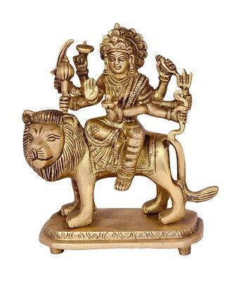 Brass Hindu Goddess Durga Maa Mata Sitting on Lion Figurine Idol Statue