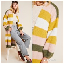 Anthropologie Cozy Striped Duster Kimono Cardigan Green Maize Pink SO SO SOFT  