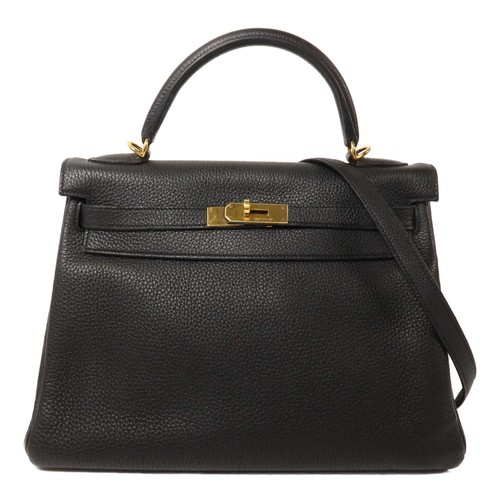 HERMES GHW Kelly 32 2 Way Shoulder Bag Taurillon Clemence Leather Noir