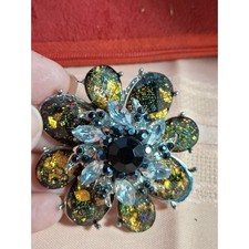 Adjustable Ring with Yellow Black and Clear Rhinestones Flower.