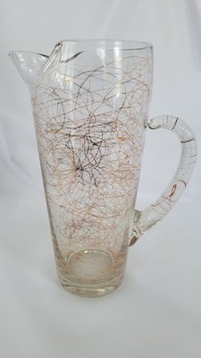 Hazel Atlas Pink & Gold Spaghetti String Drizzle Martini Pitcher 8 3/4'' Tall