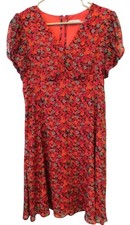 Calvin Klein Dress Sz 4 Red Floral Fit & Flare Short Sleeve V-Neck Cottagecore