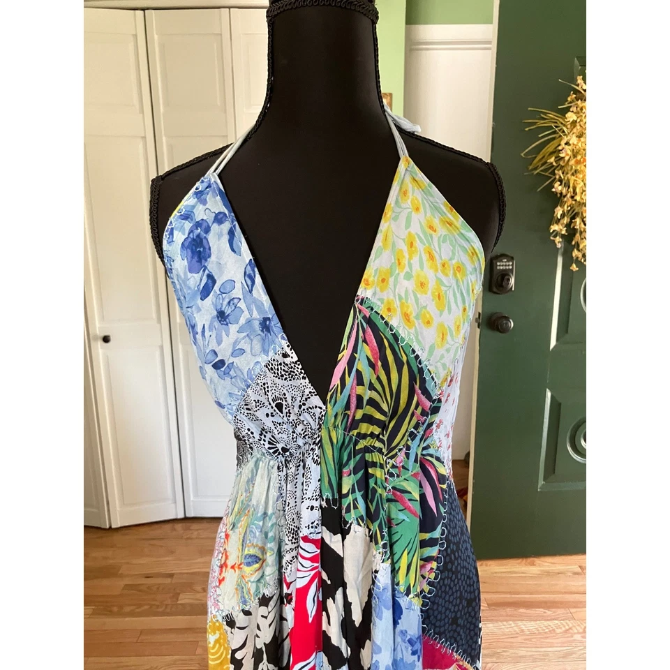 Lindo Vestido Maxi Patchwork de Algodão Halter Boêmio Hippie Colorido Festival M - Imagem 2 de 4