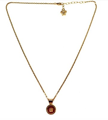 Versace Gold & Plum Color Metal & Enamel Chain Necklace Pendant