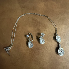 Vintage Clear Rhinestone Necklace  Clip-On Earrings Set Teardrop Bridal Wedding