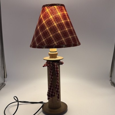 Primitive Vintage Wooden Bobbin Spool Lamp Base W/Homespun Shade