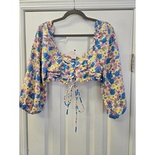 Floral Lace Up Crop Top Puff Sleeve Smocked Back Cottagecore Coquette Babydoll