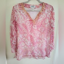 Vintage Bob Mackie Artsy Pink Silk Chiffon Beaded Paisley Floral Tunic Top 12