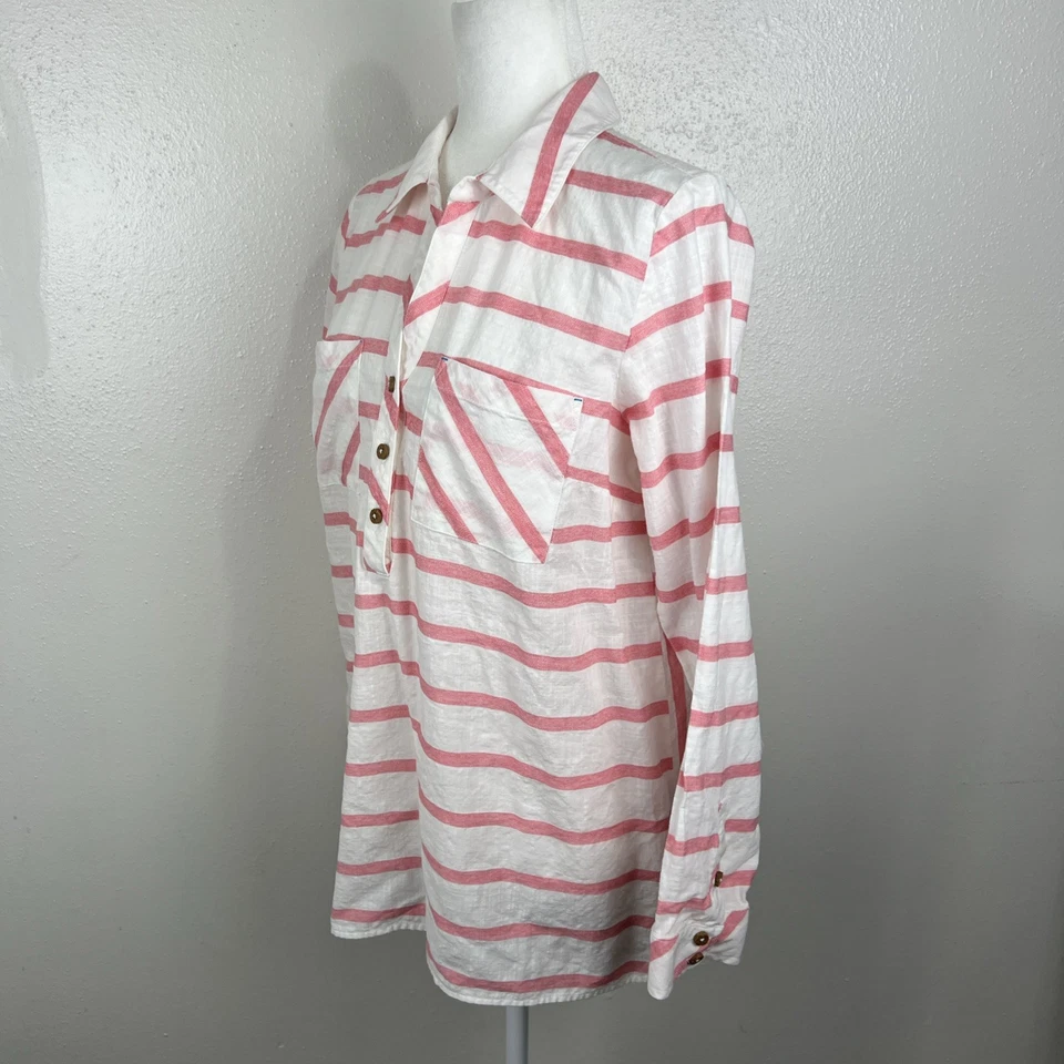 Blusa de mujer Soft Surroundings mediana blanca rosa algodón a rayas Henley Top Foto 2 de 4