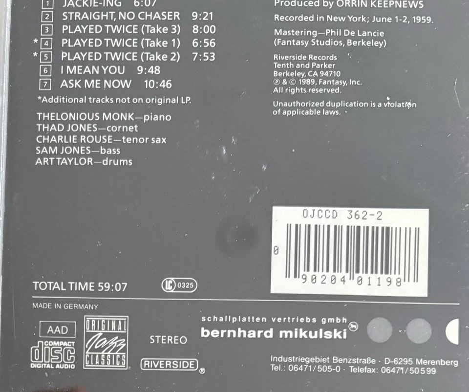 THELONIOUS MONK QUINTET - 5 By Monk By 5 Expanded CD 1989 Riverside AS NEW! - Image 2 of 2