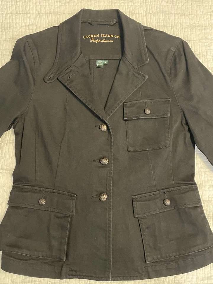 Chaqueta Lauren Jeans Mujer•M Denim Negra Ralph Eagle Botón Bronce Pico Solapa Foto 2 de 4