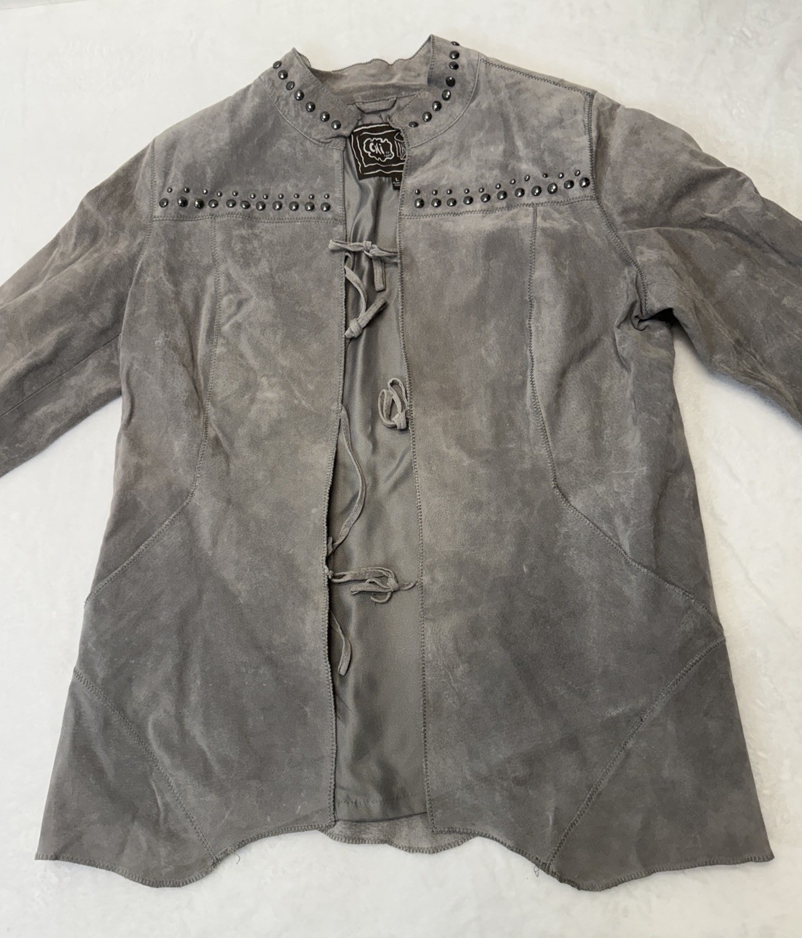 90s Chi By Falchi Suede Studded Boho Suede Jacket LG Leather Western Gray