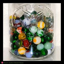 VINTAGE Marbles Lot 160 Mixed Size Glass Shooters 1976 Bicentennial Jar Estate