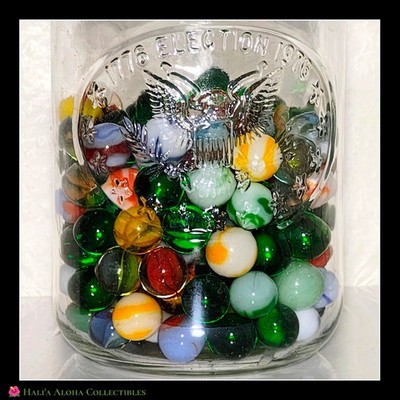 VINTAGE Marbles Lot 160 Mixed Size Glass Shooters 1976 Bicentennial Jar (Estate)