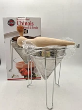 Stainless Steel Fine Mesh Chinois Strainer Set W/ Pestle & Chrome Stand New