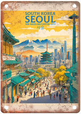 Seoul The Dazzling Capital City South Korea Retro Travel Poster Metal Sign T3469