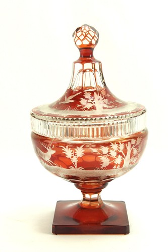 Vintage Red Flash Woodland Deer Pedestal Lidded Bowl Compote Dish - Picture 4 of 10
