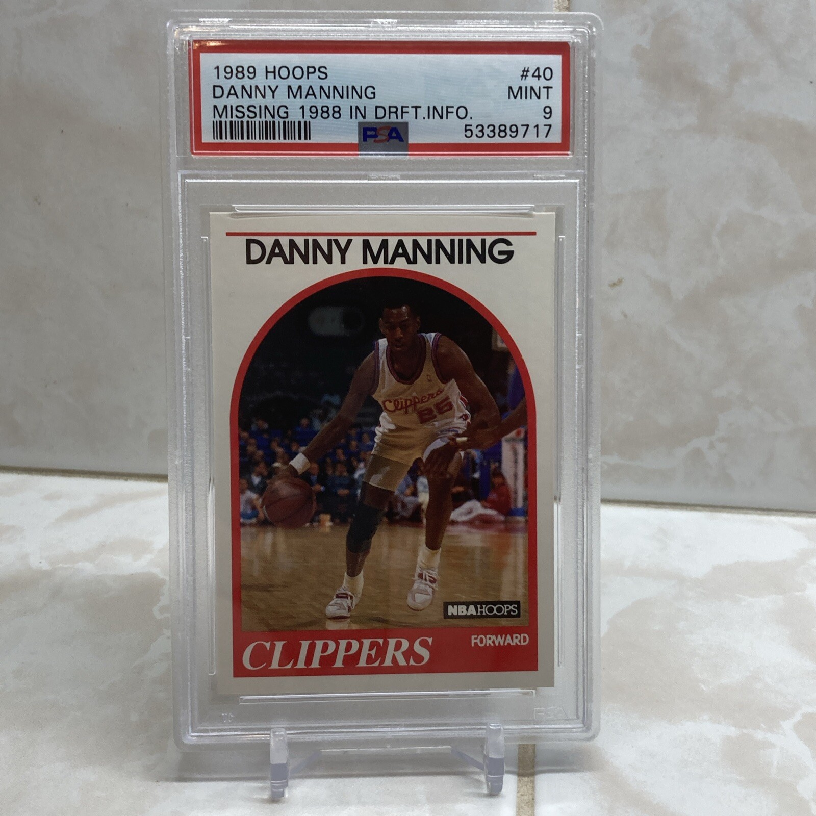 1989 HOOPS #40 DANNY MANNING RC MISSING 1988 IN DRAFT INFO PSA 9