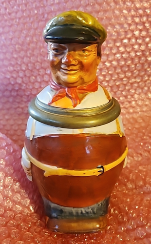 Antique German Hand Painted Pewter Mounted Lidded Man Pottery Figural Stein