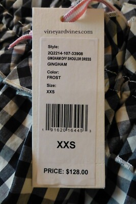 NWT Vineyard Vines Black+White Gingham Off The Shoulder Dress XXS