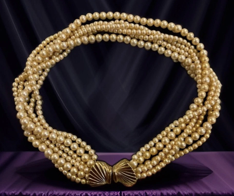 Винтажный TRIFARI жемчуг 6 нитей ожерелье золотистый подкладка застежки 16» шикарный - Изображение 3 из 4