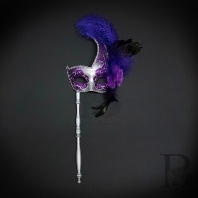 Holding Stick Party Mask | Feather Masquerade Mask Silver Purple M6131