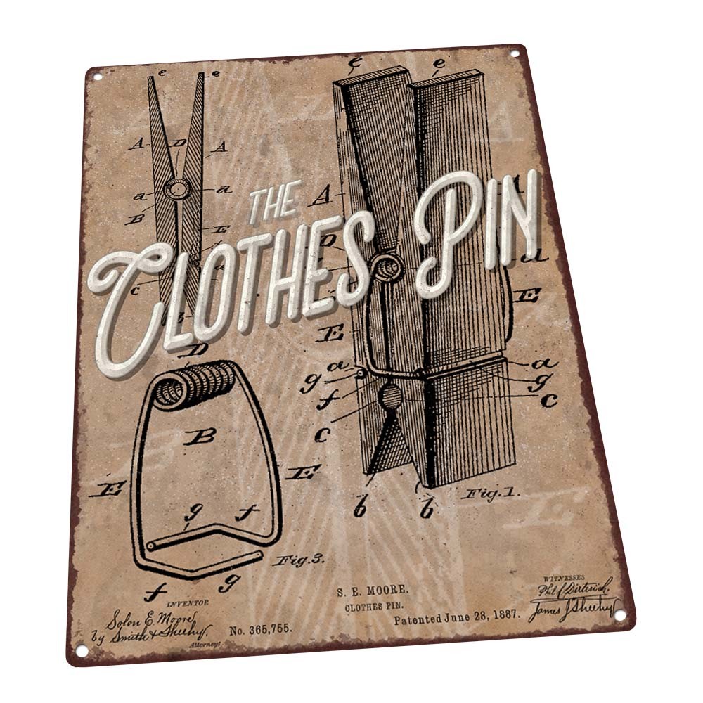 Clothespin Patent Illustration Metal Sign; Wall Decor for Bath or
