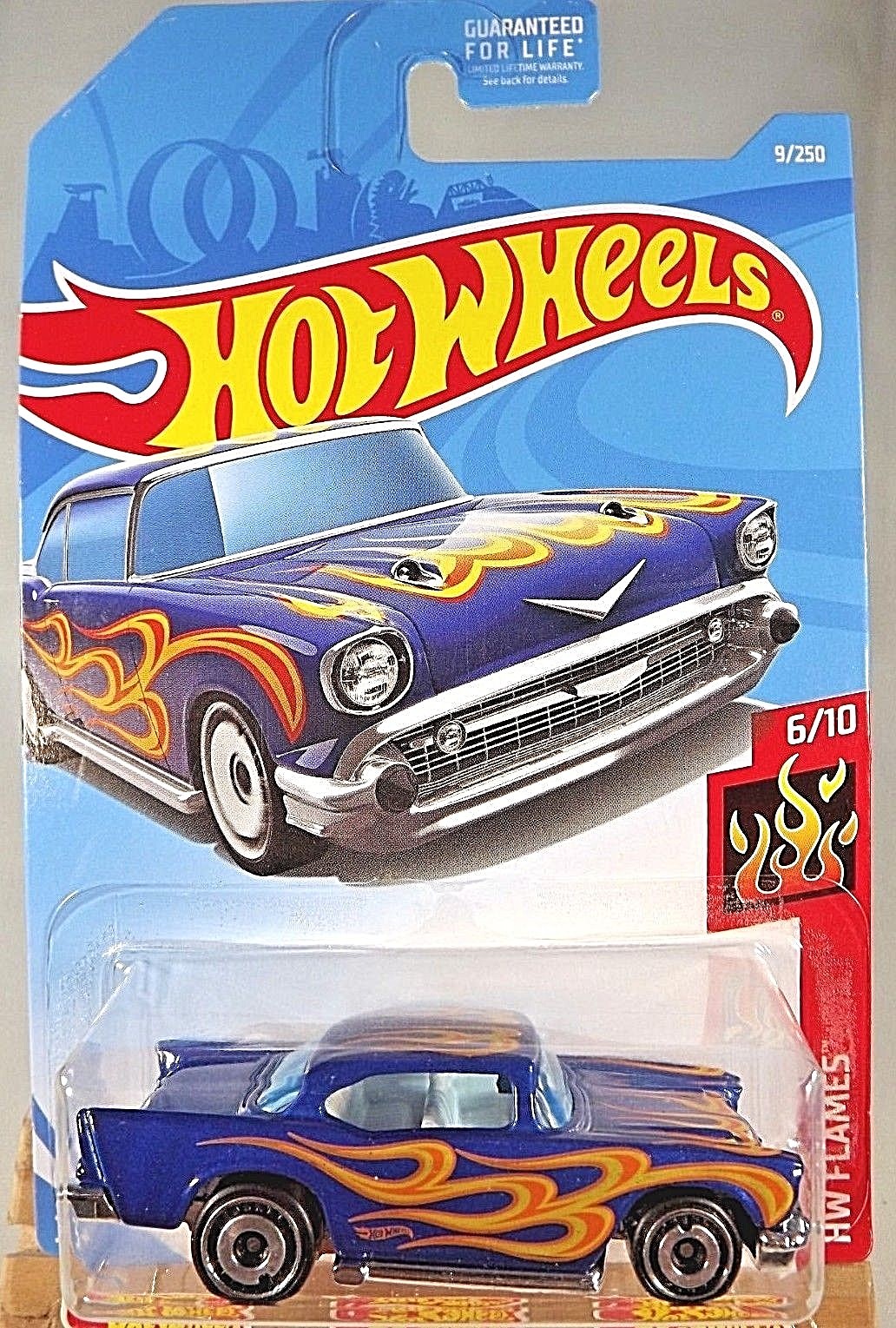 2019 Hot Wheels #9 HW Flames 6/10 '57 CHEVY Dark Blue w/Chrome AD Spoke Wheels