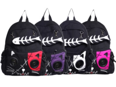 BANNED Apparel Chat Poisson Os Haut-parleur de musique gothique Kitty unisexe sac à dos noir - Photo 1/4