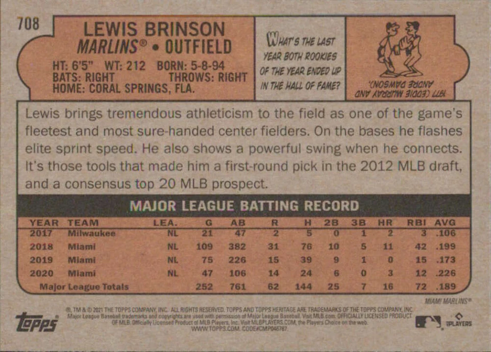 2021 Topps Heritage High Number #708 Lewis Brinson SP Miami Marlins Baseball - Image 2 of 2
