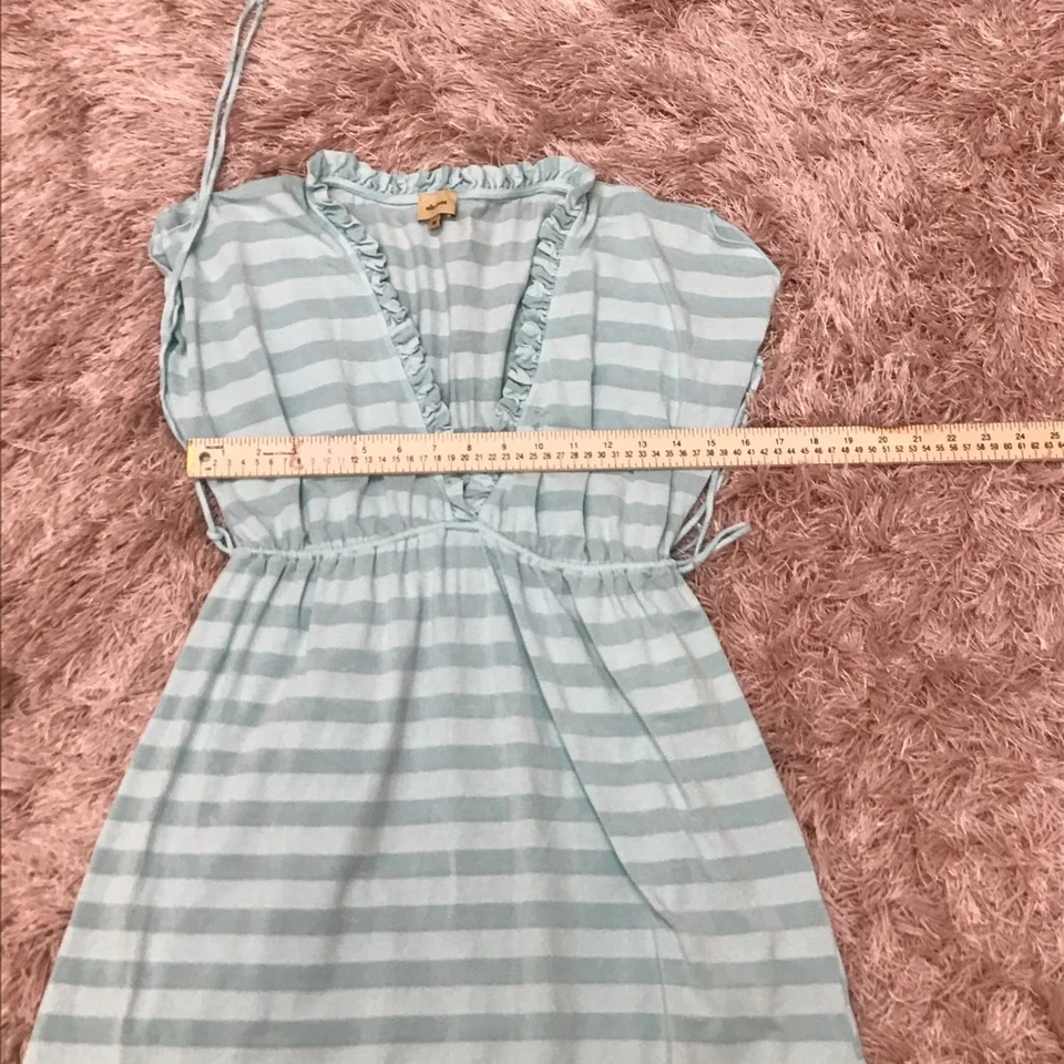 Vestido Vaina Ella Moss Para Mujer Azul Rayas Elastizado Volantes Cuello en V Manga Gorra EE. UU. M Foto 3 de 4