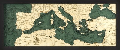 Mediterranean Sea Wood Carved Topographic Depth Chart / Map