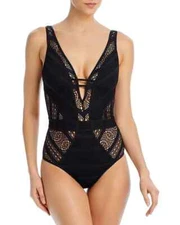 BECCA by Rebecca Virtue Crochet Plunge One Piece Swimsuit Small yse2024