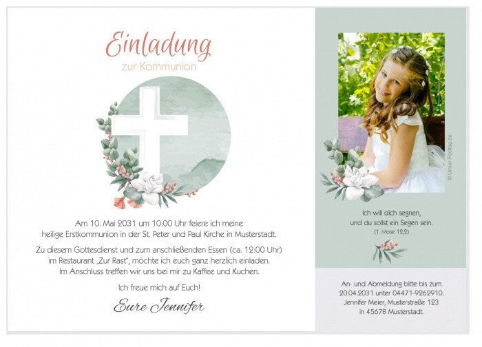 Heilige Erstkommunion Einladungskarten für Mädchen mit Foto Wunschtext schön TOP