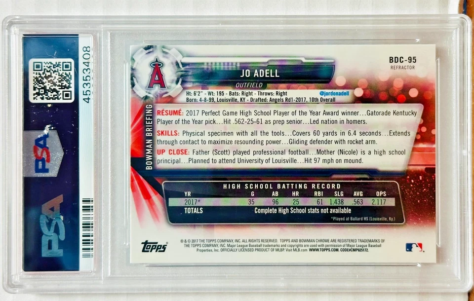 2017 Bowman Draft BDC-95 Jo Adell Chrome-Batting-Refractor RC PSA 10 LA Angels - Image 2 of 2