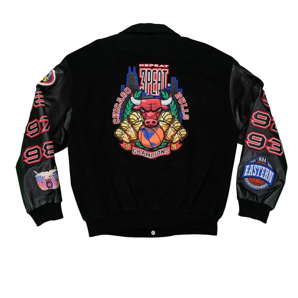 Chicago Bulls Jeff Hamilton Repeat 3Peat 1998 NBA Champs Varsity Jacket 90s   - Image 2 of 4