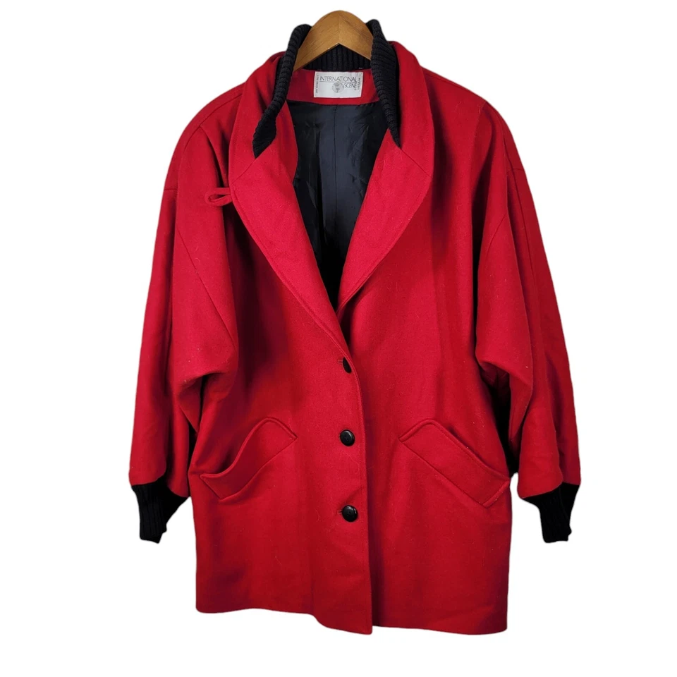 Vintage Wool Coat Size 12 Medium Large Winter Classic Red Dolman Art To Wear - Image 2 of 4