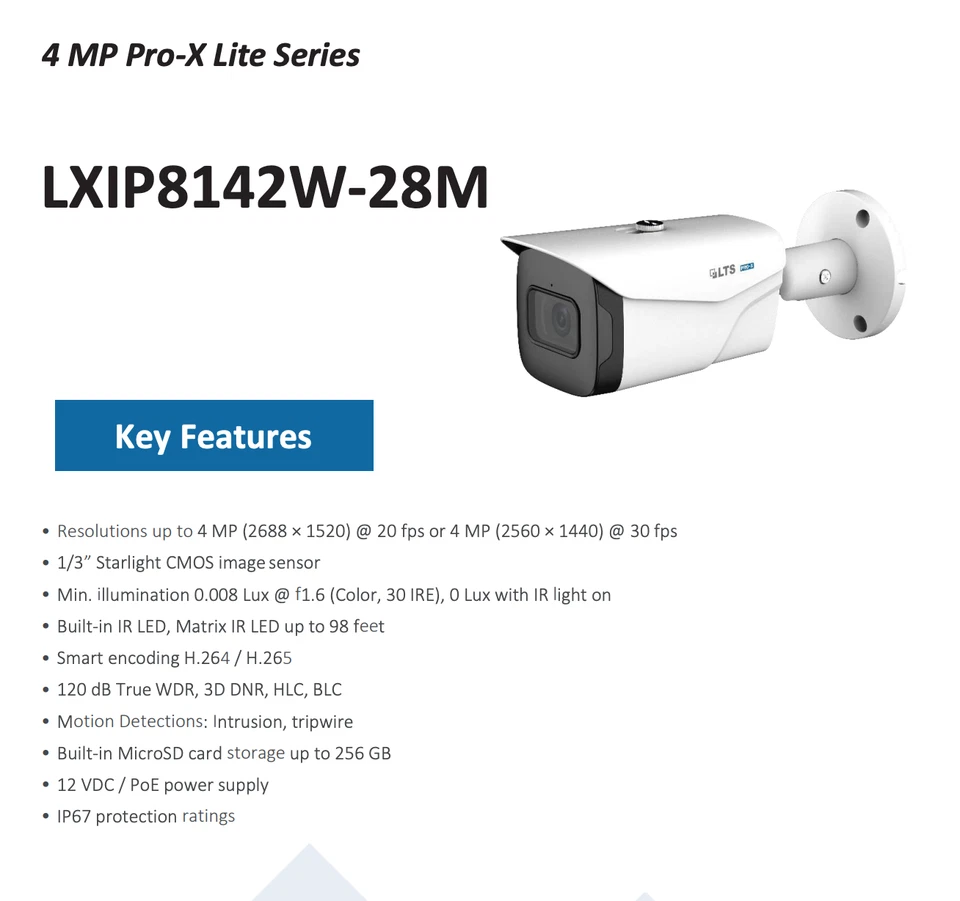 LXIP8142W-28M PRO-X IP 4MP 2.8mm Len Low Lux Starlight WDR 98ft IR Bullet Camera - Image 2 of 4
