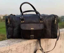 Genuine Leather Travel Gym Weekend Overnight Men Large Black Bag Duffle Luggage
