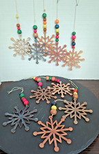 Set of Hanging Wooden Snowflake, w Colored WoodenBeads, Handmade, 3"W, Natural