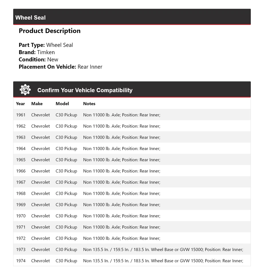 For 1961-1974 Chevrolet C30 Pickup Wheel Seal Rear Inner Timken 1962 1963 1964 - Image 2 of 4