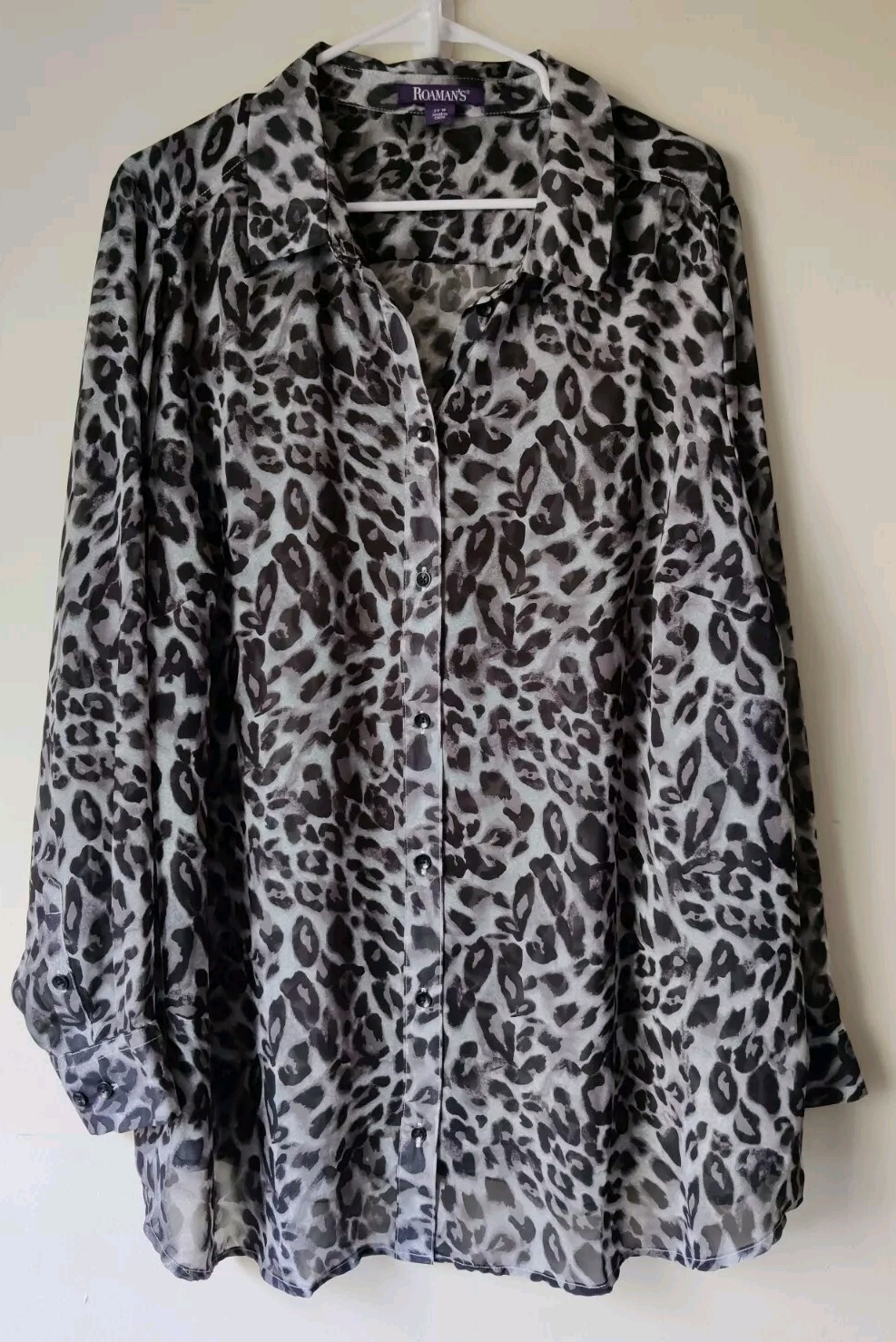 Roamans Plus Size Blouse Black/White Leopard Print Button Down Sheer Womens 24W