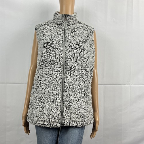 J. America Women's LARGE Gray White Black Plush Sherpa Fleece Zip Up Vest Jacket - Picture 2 of 8