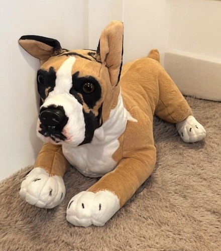 Realistic Brown Boxer Dog Stuffed Animal Plush Toy Fat Paws Wrinkles White Chest