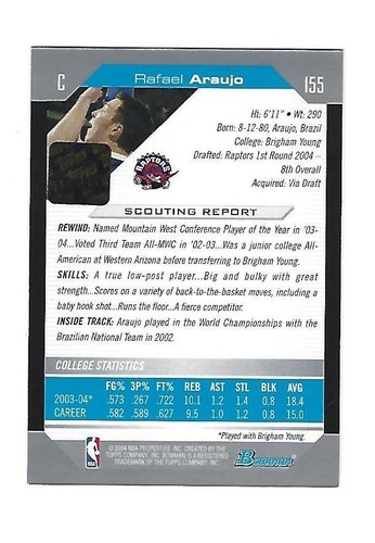 Rafael Araujo 2004-05 Bowman Autograph Rookie card, # 155, Toronto Raptors - Picture 2 of 2