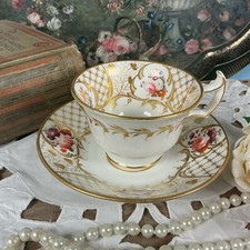 Antique Ridgway 19th C Cabinet Cup Saucer Roses Trellis Gold London Shape