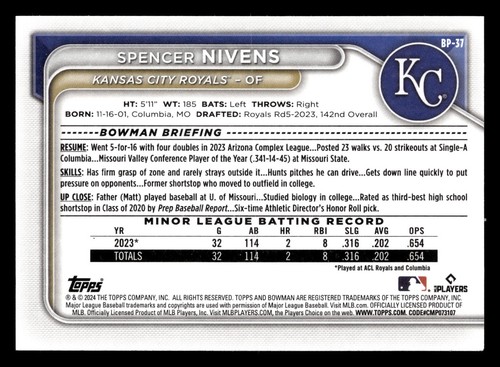 Spencer Nivens 2024 Bowman Prospect #BP-37 Kansas City Royals Rookie RC *017 - Picture 2 of 2